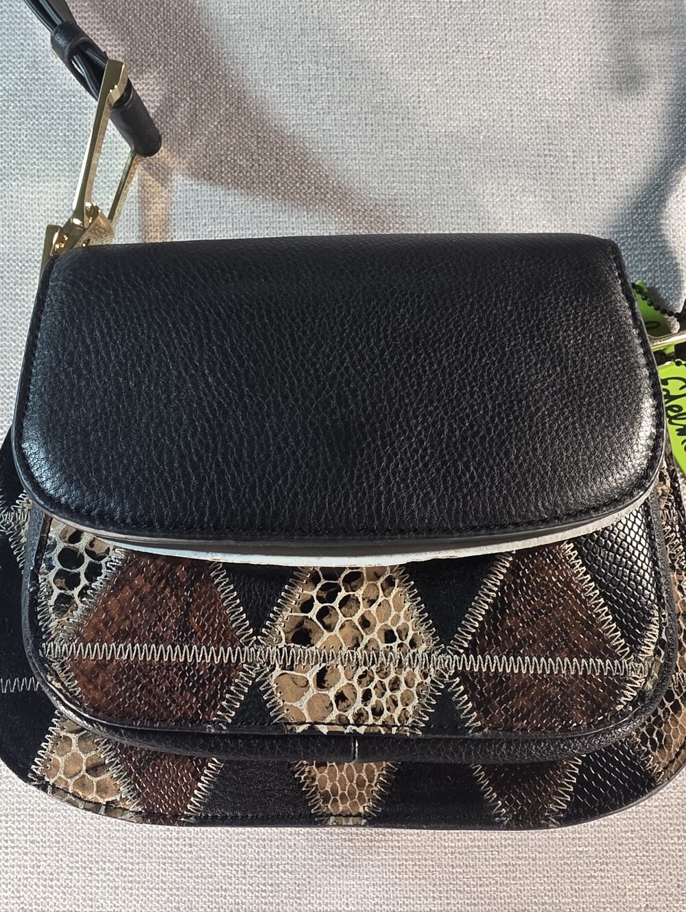 Sam Edelman Black Crossbody with Brown Patchwork Snake-Print